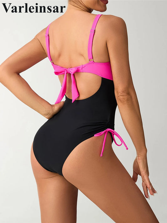 S - XXL New Splicing V Neck Backless One Piece Swimsuit Women Swimwear Female High Leg Cut Padded Bather Bathing Suit Swim