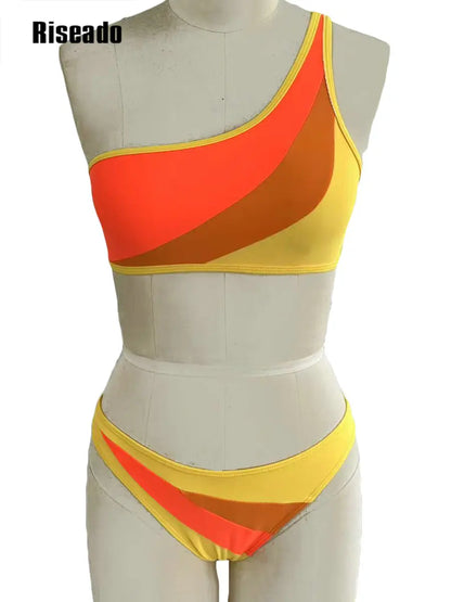 Beach Clothes Women’s Bikini Sets One Shoulder Top Two Piece Swimsuits Mid Rise Color Block Bathing Suit