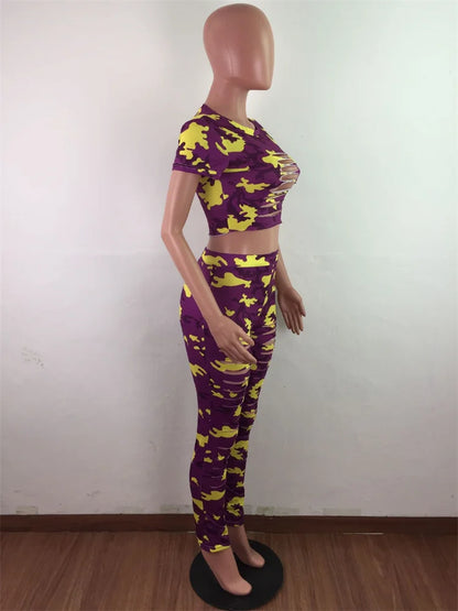 Wmstar Women Two Piece Set Summer Sport Fashion Casual Ripped Sweatshirt Sweat Camouflage Print Pant Sets Outfit Tracksuit