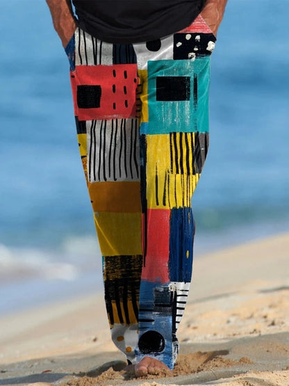 Men's Plaid Spliced Rework Casual Pants Elastic Hawaiian Ethnic Leisure Side Pocket Straight Leg Pants Summer Spring 3D Printing