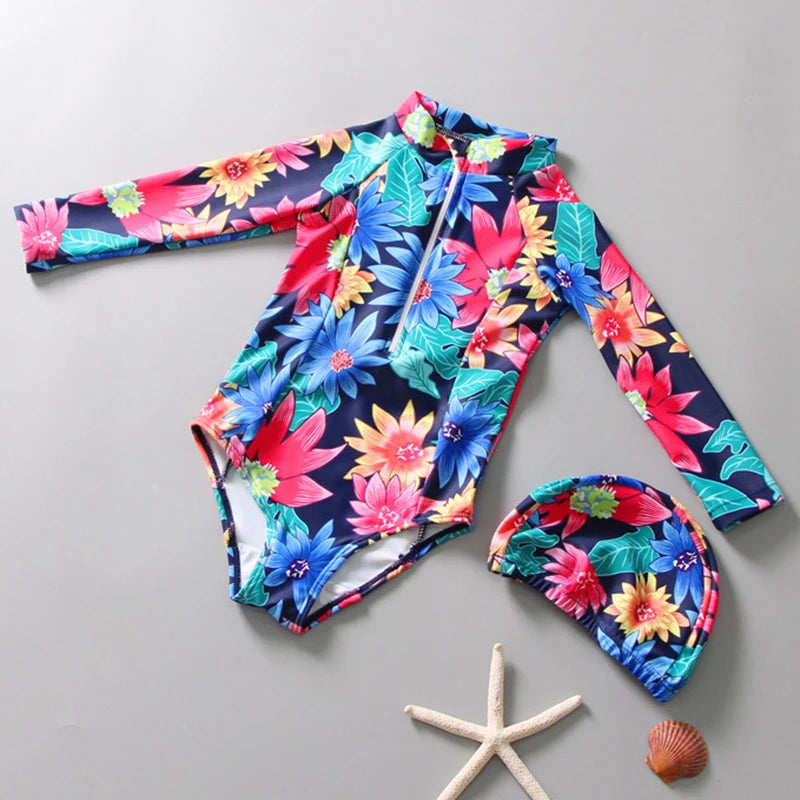 Long Sleeves Girls' Swimsuit With Hat Beachwear Surf One Pieces Colour Ruffle Kids Girls Summer Swimsuits Princess