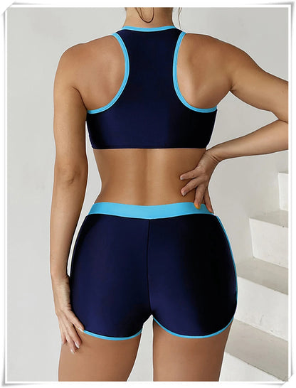 Two Piece Swimsuit Women Zipper Tankini Set High Waist Shorts Swimwear Female Bathing Swimming Suit Sports Beachwear Summer