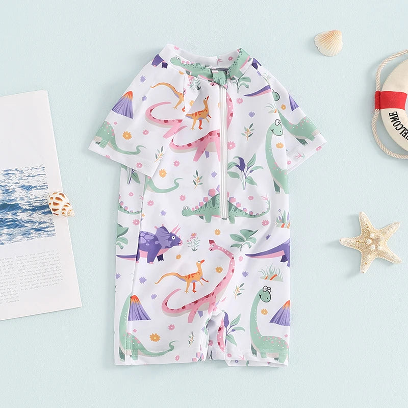 Baby Boy's Dinosaur Swimsuit Round Neck Half Zip Up Short Sleeve Rash Guard Swimwear Infant Toddler Bathing Suit 0-3T