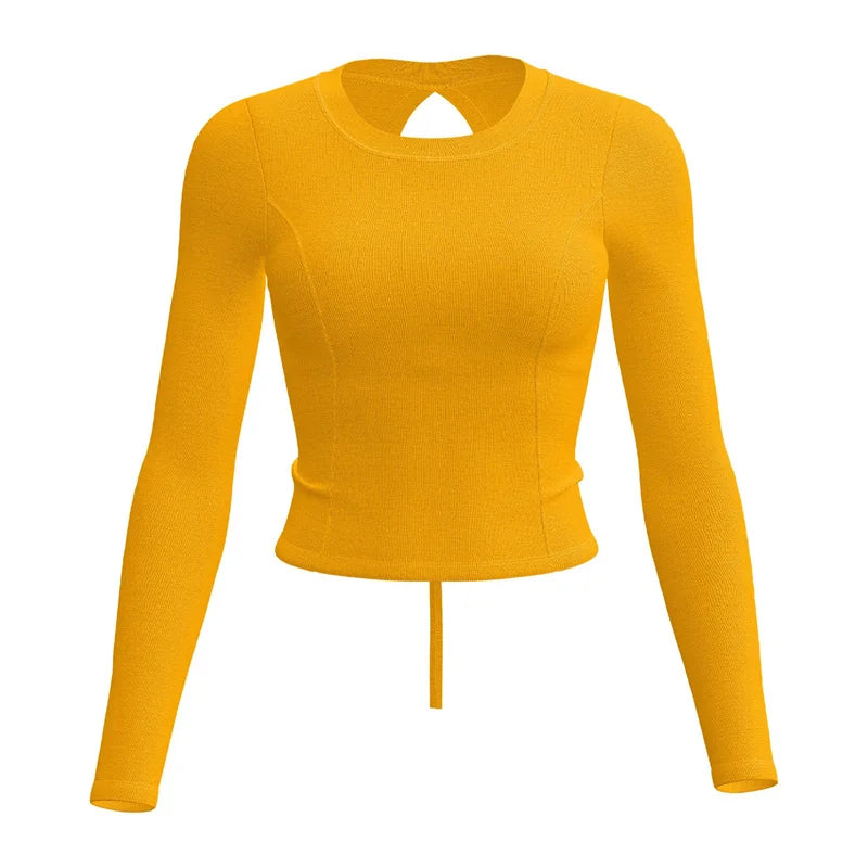 Women's Long-Sleeve Cut-Out Back Yoga Crop Top with Built-In Bra