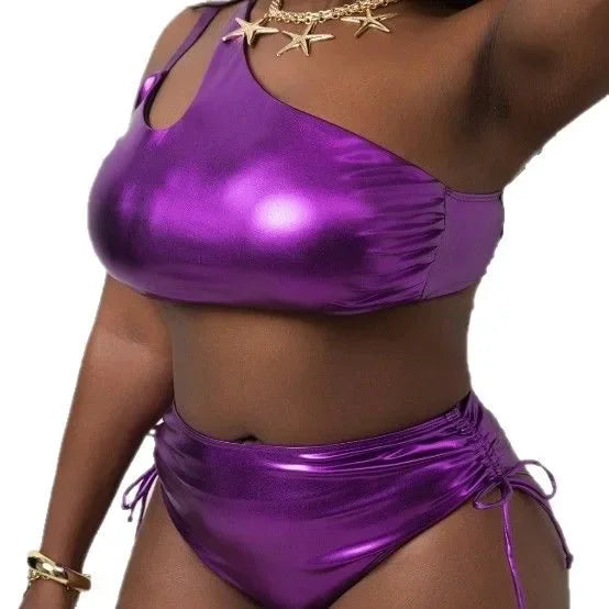 Plus Size Bikini Set Pure Color Foil Luminous Fabric Two Piece Swimsuit Women's Fashion Beachwear Swimwear