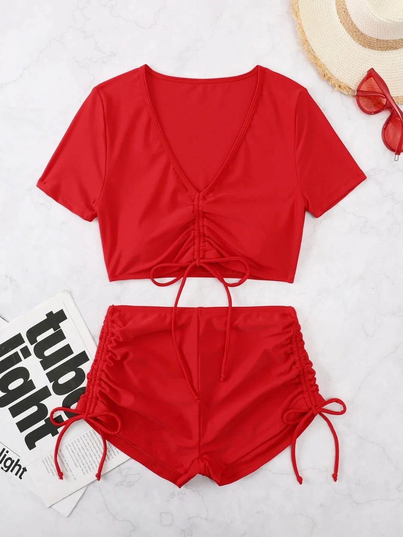 Plain Drawstring Two Pieces Women Swimsuit Solid Swimwear Female Bathers Bathing Swimming Suit Summer Beachwear