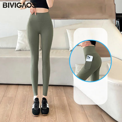 Side Pocket Sharkskin Leggings Women High Waist Tight Fitness Yoga Leggings Push Up Running Leggings