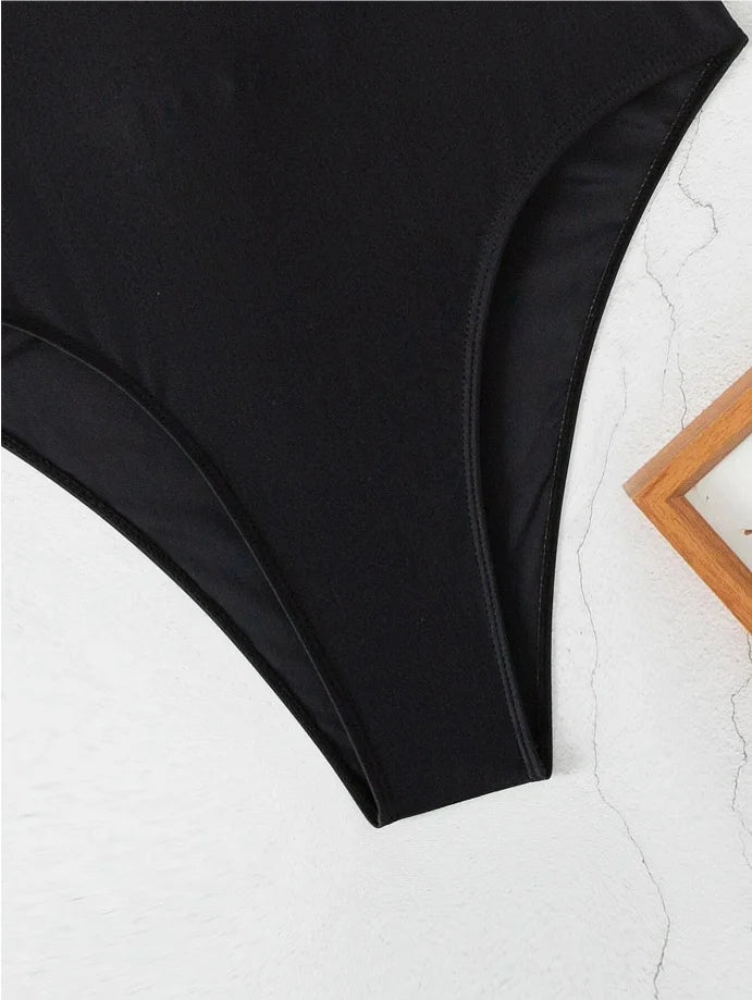 Black Strapped Swimwear Women Hollow Push Up One Piece Swimsuit Monokini High Waist Backless Bathing Suit
