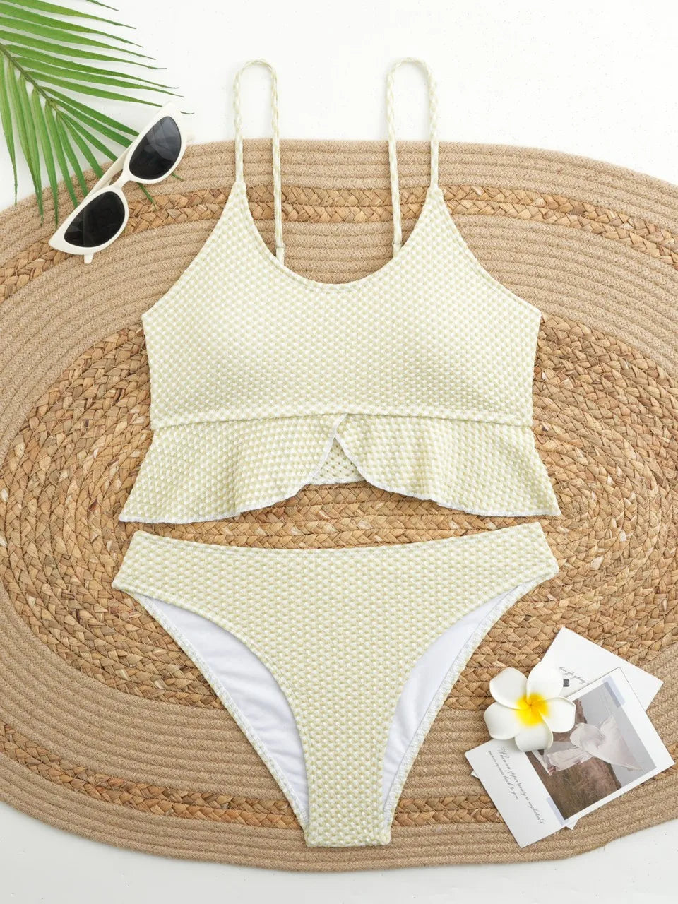 Strappy Ruffle Bikinis Solid Triangle Swimsuit Gingham Printed Swimwear Female Bathers Bathing Swimming Suit Beachwear