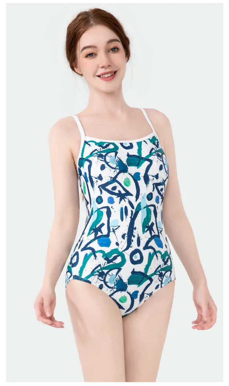 Women Vintage Racing One-piece Swimwear Sun Protection Professional Competition Flower Printed Swimsuit Training Bikini