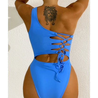 Lace Up One Shoulder Cut Out One Piece Swimsuit Women Swimwear Female Asymmetric High Leg Cut Bather Bathing Suit Swim