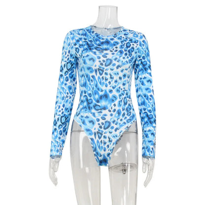 Rash Guard Women's Onesie Crew Neck Long Sleeve Personalized Street Blue Leopard Print Top Women's 2025 Autumn And Winter Str
