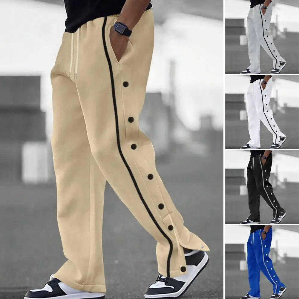 Casual Streetwear Men's Trendy Side Breasted Design Baggy Pants Spring Autumn Men's Straight Leg Drawstring Sweatpants