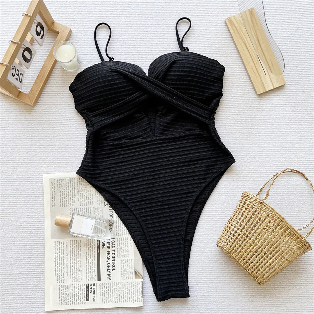 Cut Out Wrinkled High Leg Cut Women Swimwear One Piece Swimsuit Female Bra Cup Monokini Bather Bathing Suit Swim V6614