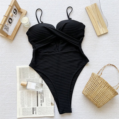 Cut Out Wrinkled High Leg Cut Women Swimwear One Piece Swimsuit Female Bra Cup Monokini Bather Bathing Suit Swim V6614