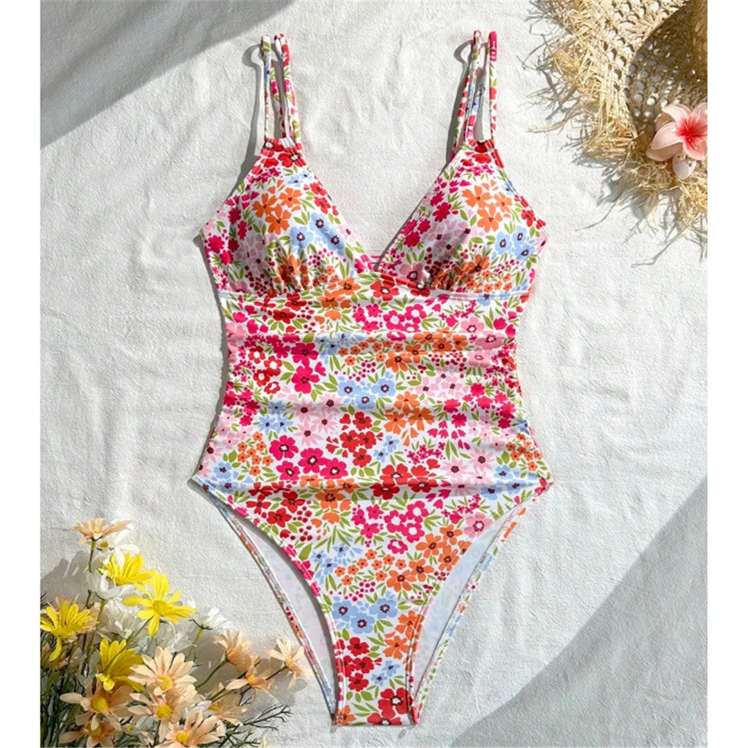 S - XL Floral Flower Printed V Neck One Piece Swimsuit Women Swimwear Female High Cut Leg Padded Bather Bathing Suit Swim
