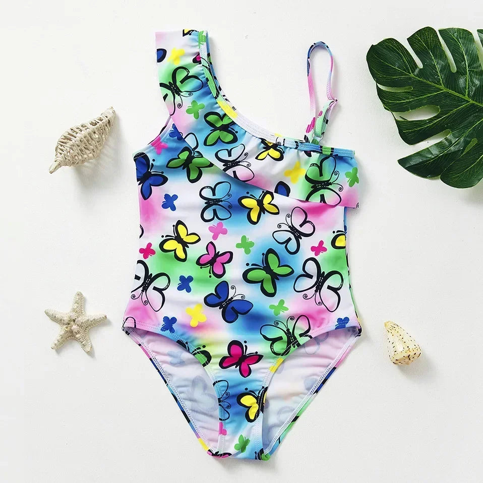 Girls One Piece Swimsuits Rainbow Print Backless Swimwear for Children Summer Kids Bathing Suits Bikinis 2-8 Years Children