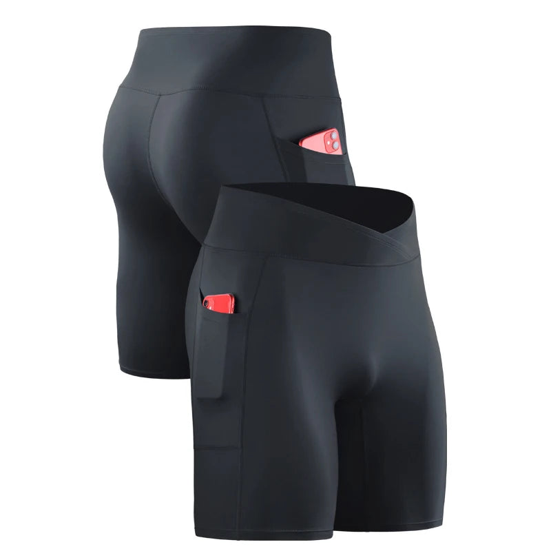 Running Shorts Pants Pockets Men's High Waist Elastic Running Tights Cycling Fitness Yoga Quick Drying External Wear Marathon