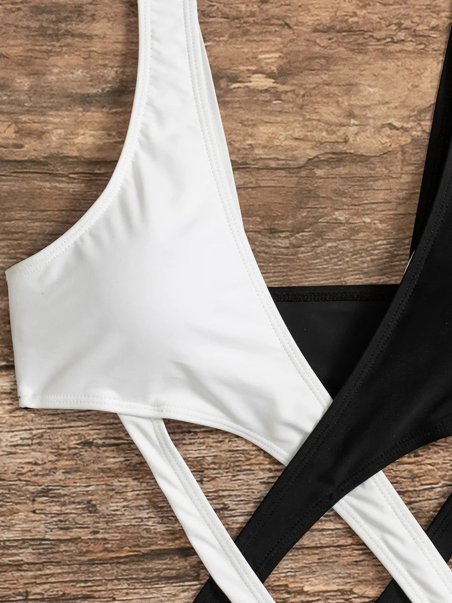 Splicing V Neck High Cut Women Swimwear One Piece Swimsuit Female Monokini Cross Bandage Bathing Suit Swim Beach Wear