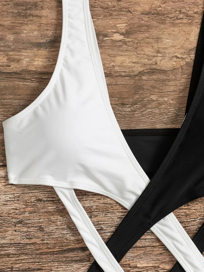 Splicing V Neck High Cut Women Swimwear One Piece Swimsuit Female Monokini Cross Bandage Bathing Suit Swim Beach Wear