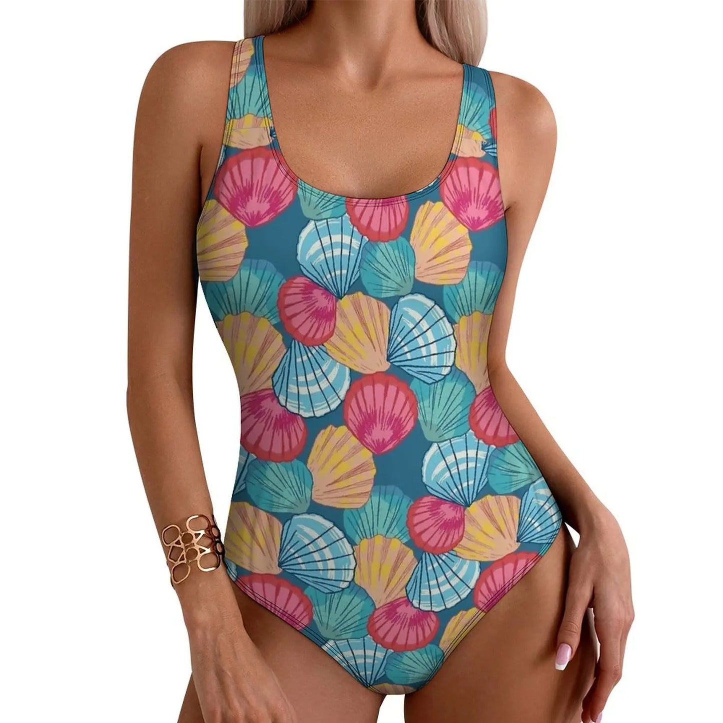 Colorful Sea Shells Print Swimsuit  One Piece Swimwear Push Up Novelty Monokini Sexy Holiday Swim Design Swimsuits