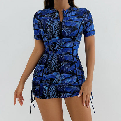 Floral Women Swimsuits Sun Protection Female Short Sleeves Swimwear Surfing Sports Pool Beachwear Two-Piece Bathing Suits