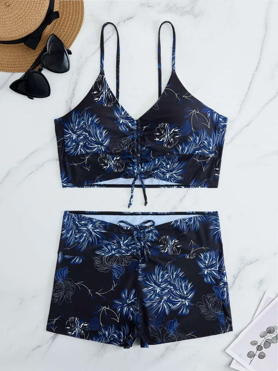 High Waist Bikini Swimsuit Women Floral Print Drawstring Front Shorts Swimwear Trunks Pool Bathing Suit Padded Beachwear