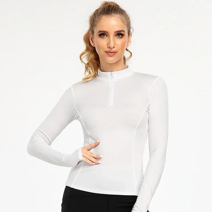 Long Sleeve Yoga Shirt with Half Zip Slim Waist Line Sports Shirts Fashion Half Zipper Thumb Hole Soft Light Gym Tops