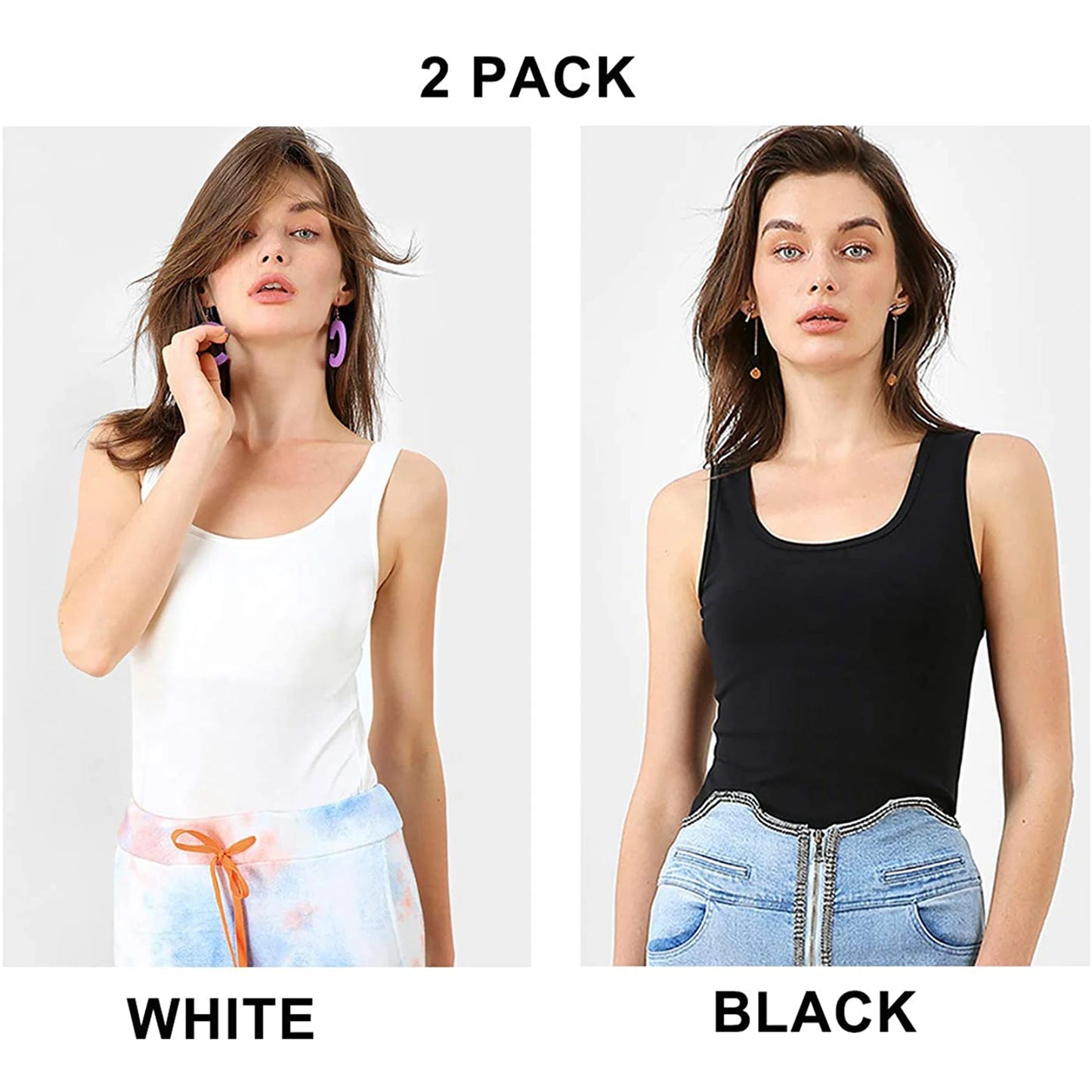 Attraco Women's Camisole 2PCS Cotton Solid with Build-in Shelf Bra Tank Tops U-Neck Soft Breathable Basic Sleepwear