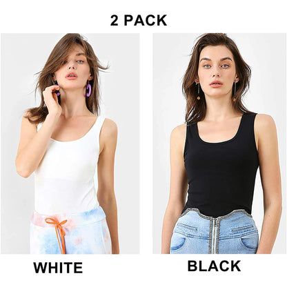 Attraco Women's Camisole 2PCS Cotton Solid with Build-in Shelf Bra Tank Tops U-Neck Soft Breathable Basic Sleepwear