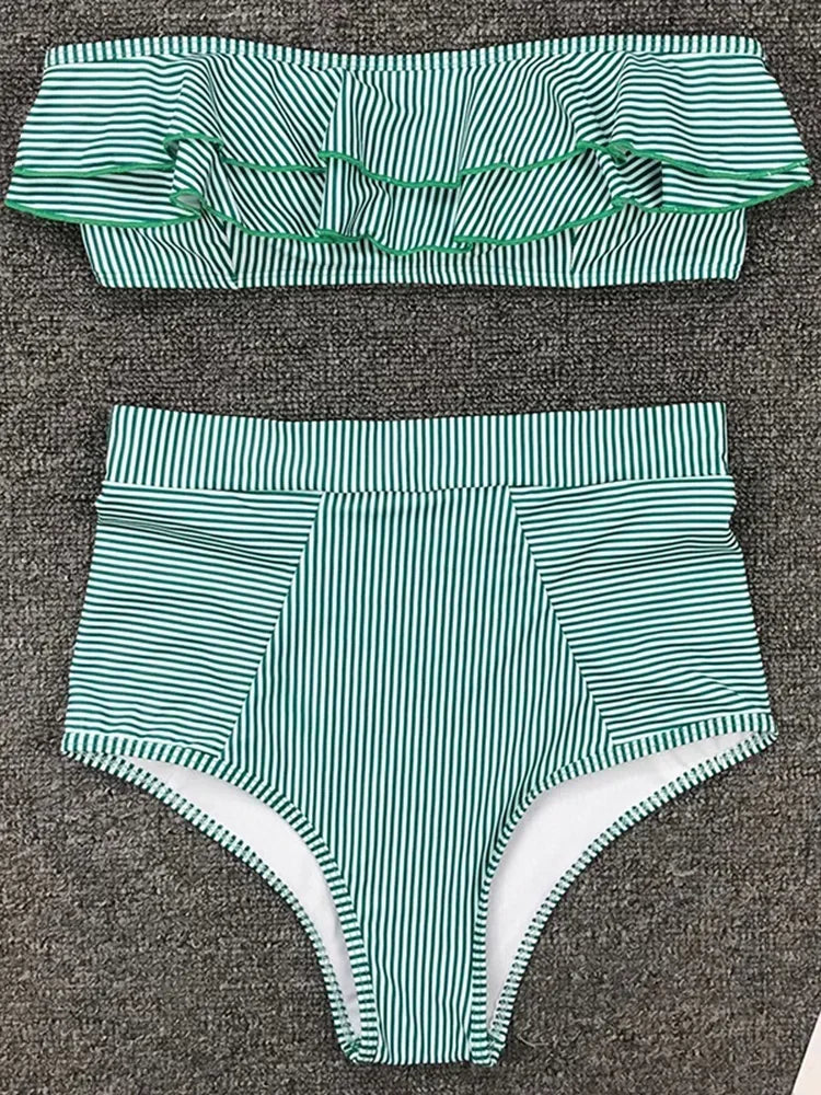 Striped Top Ruffle High Waist Bikini Women Swimwear Female Swimsuit Two-pieces Bikini set Bandeau Bikinis Bathing Suit Swim