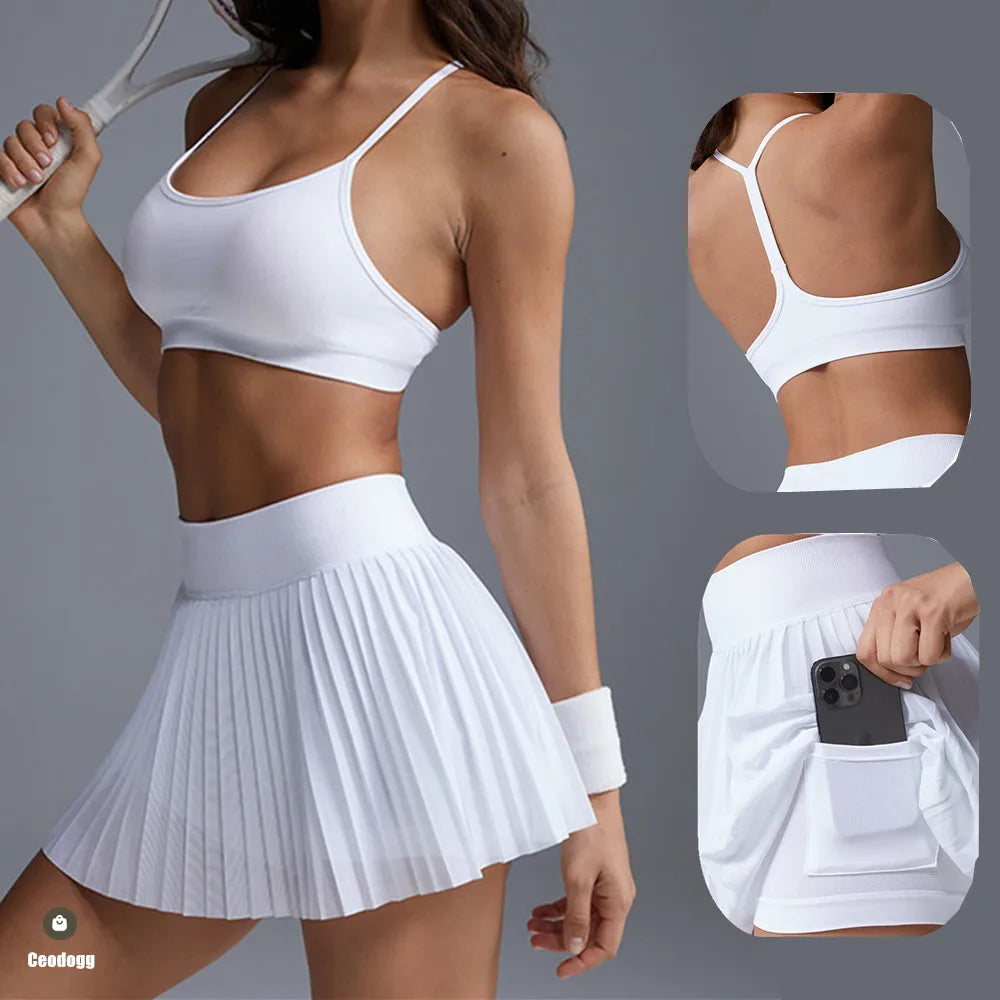 2PCS Seamless Sport Bra Women Anti Shorts Yoga Set Tracksuit Chiffon Running High Waist Skirt Fitness Active Suits Wear
