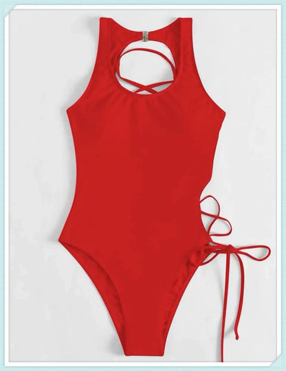 Lace Up Back Swimsuit One Piece Printed Swimwear Women Backless Bathing Swimming Suit Female Padded Beachwear Bodysuit