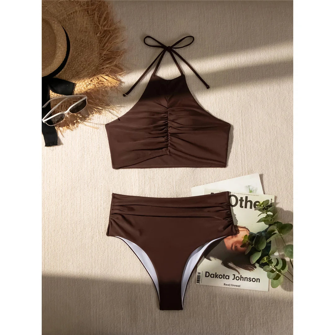 Halter Wrinkled High Neck Female Swimsuit High Waist Bikini Women Swimwear Two-pieces Bikini set Bather Bathing Suit Swim