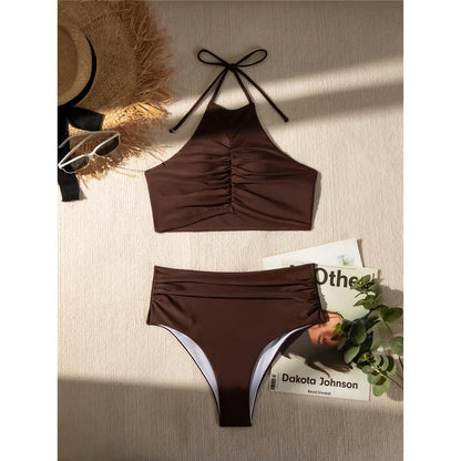 Halter Wrinkled High Neck Female Swimsuit High Waist Bikini Women Swimwear Two-pieces Bikini set Bather Bathing Suit Swim