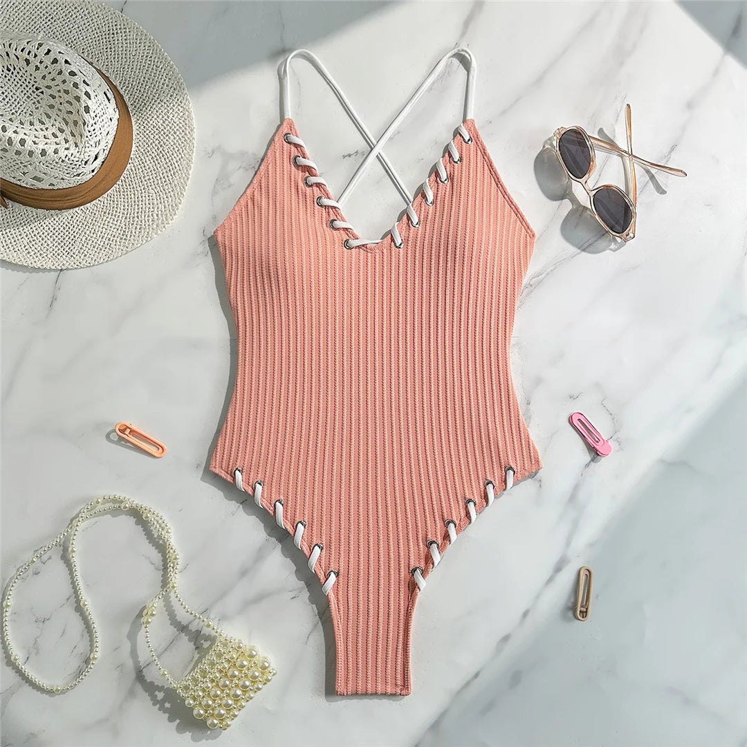 5 Colors V Neck Ribbed Cross Back One Piece Swimsuit Women Swimwear Female High Leg Cut Monokini  Bather Bathing Suit Swim