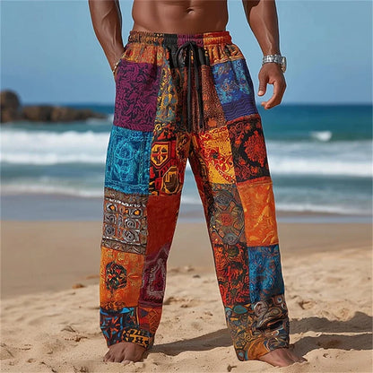 Men's Casual Patchwork Print Drawstring Straight-Leg Pants Relaxed Fit Hawaiian Vacation Trousers Comfortable And Breathable