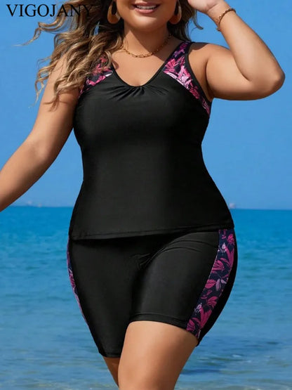 Large Strapped Print Swimwear Women Plus Size Boxer Tankini Set Swimsuit 2 Piece High Waist Bathing Suit