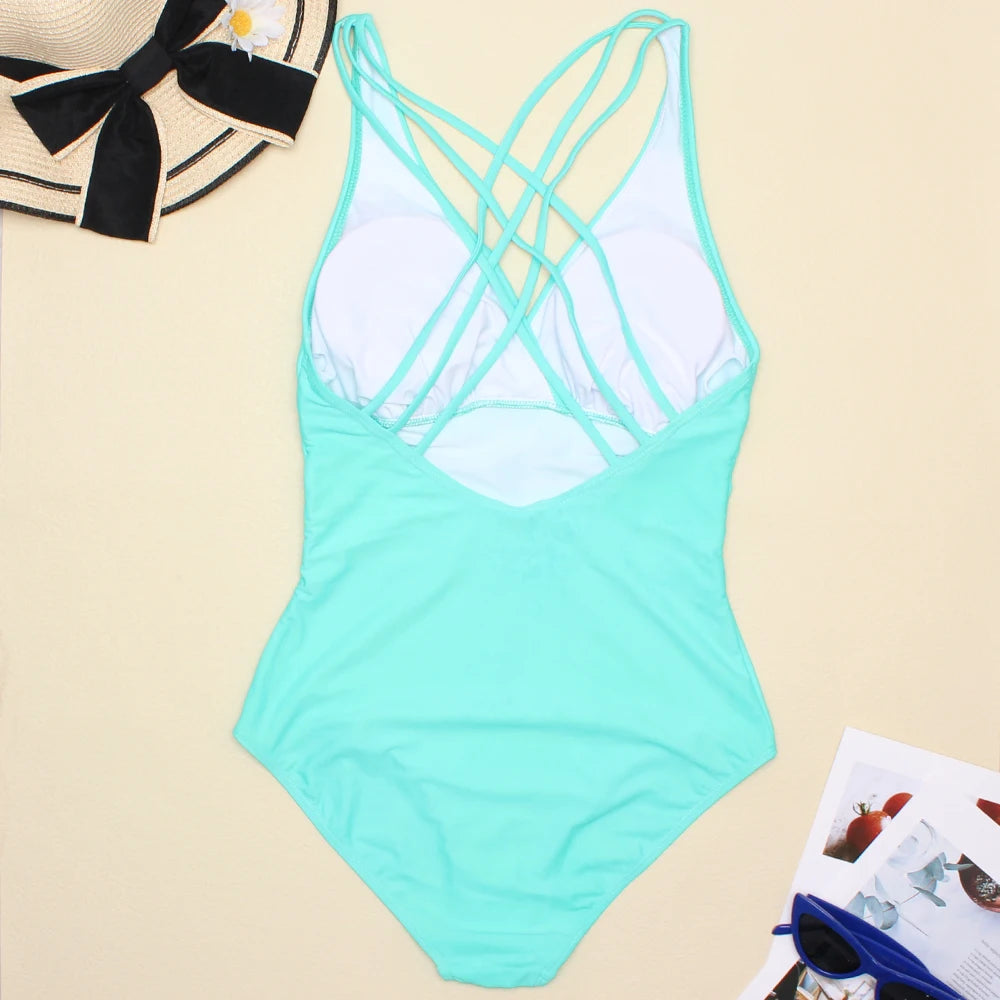 Women Printed One Piece Swimwear Backless Swimsuit V Neck Summer Beach Wear Slimming Bathing Suit S~XXL