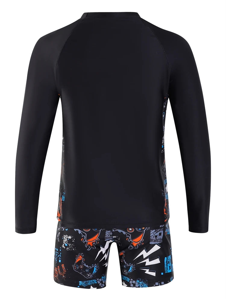 Boy Kids Swimsuit Solid Print Long Sleeves Two Piece Children Swimwear Summer Shorts Beach Wear Bathing Suit Swimming