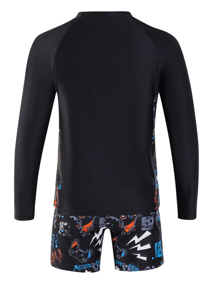 Boy Kids Swimsuit Solid Print Long Sleeves Two Piece Children Swimwear Summer Shorts Beach Wear Bathing Suit Swimming