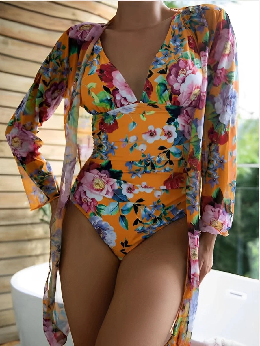 Printed Swimsuit Women One Piece With Cover Up Floral Swimwear Female Beach Wear Push Up Bathing Swimming Swim Suit Summer