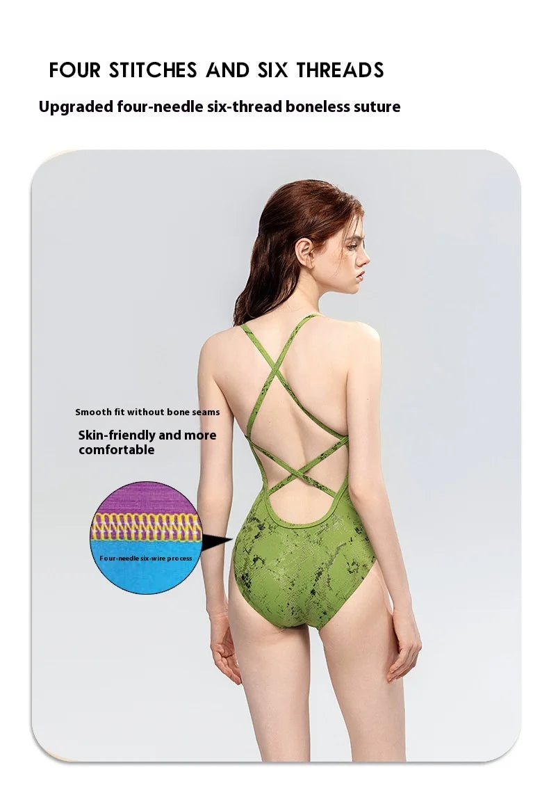 Green Pattern One-piece Swimsuit Women Quick-drying Chlorine Resistant Swimsuit