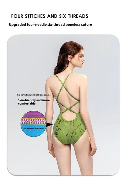 Green Pattern One-piece Swimsuit Women Quick-drying Chlorine Resistant Swimsuit