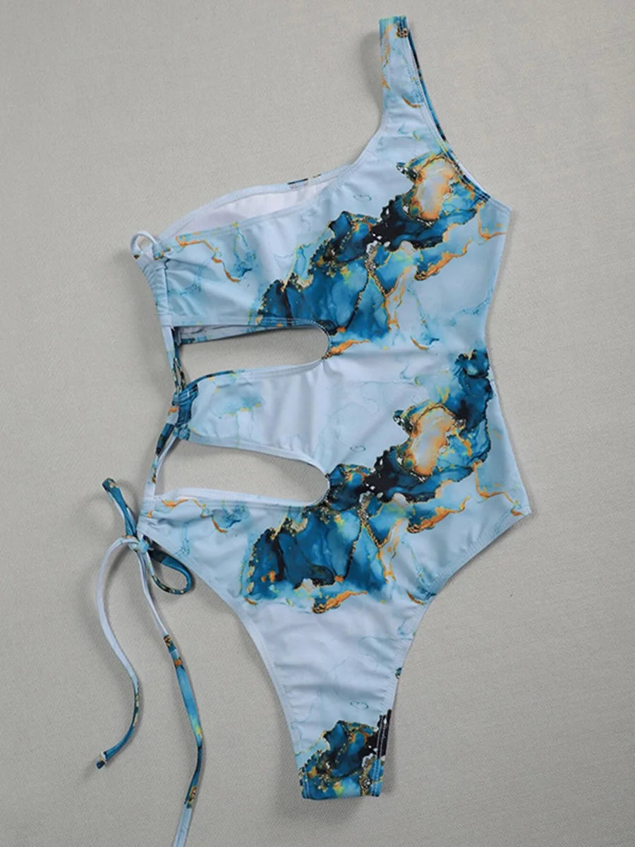 Marble Print One Shoulder Women Swimwear One Piece Swimsuit Female Monokini Bather High Cut Out Bathing Suit Swim