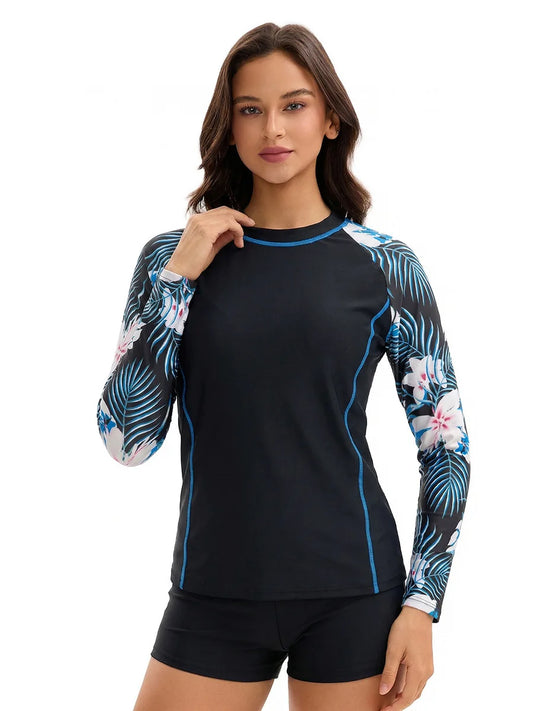 Printed Women Long Sleeve Rash Guard Swimsuit Conservative Sun Protection High Waist Boy Shorts Two Piece Swimwear Bathing