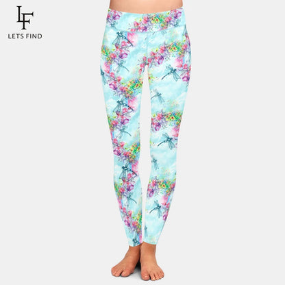 Dragonflies and Flowers Print Cute Women Leggings High Waist Soft Stretch Leggings Yoga Gym Pants