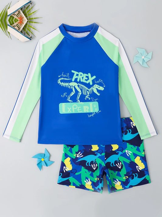 Boy Kids Swimsuit Solid Print Long Sleeves Two Piece Children Swimwear Summer Shorts Beach Wear Bathing Suit Swimming