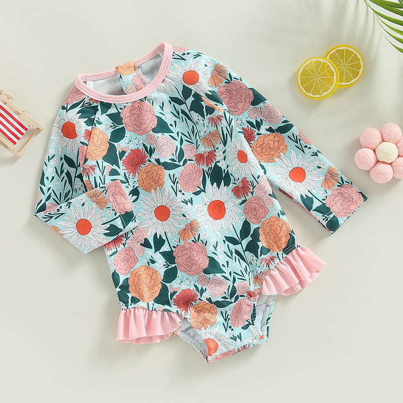 0-4Y Toddler Baby Girl Swimsuit Romper 4 Colors Flower Print Long Sleeve Ruffle Bikini Bathing Suit