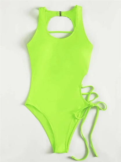Lace Up Back Swimsuit One Piece Printed Swimwear Women Backless Bathing Swimming Suit Female Padded Beachwear Bodysuit